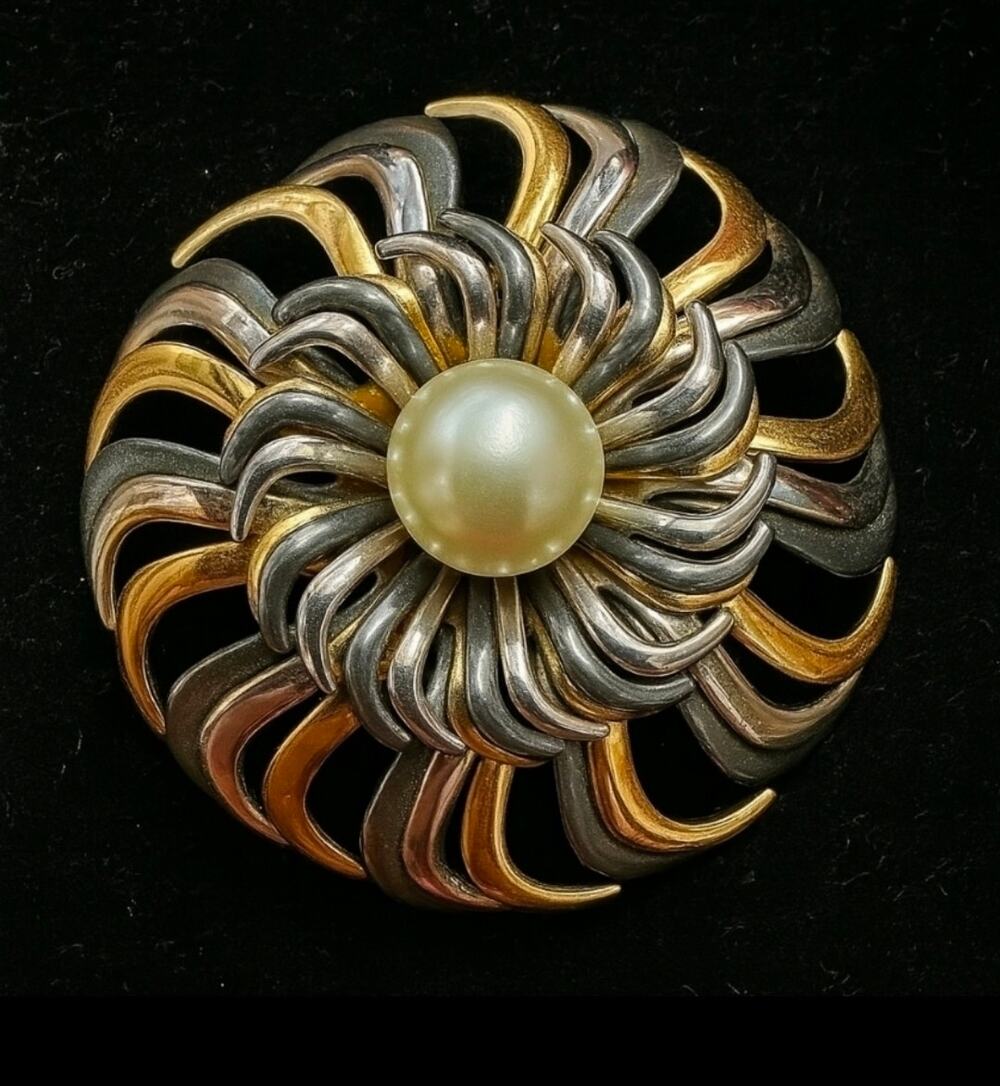 Vintage Napier Mixed Metal Swirl Flower Faux Pearl Brooch